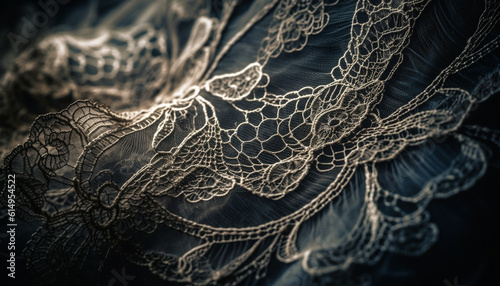 Ornate antique lace pattern on dark silk backdrop exudes elegance generated by AI