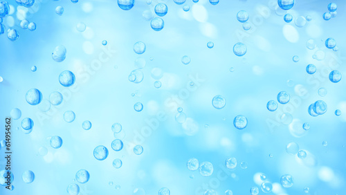 水色背景に複数の気泡。3d。（横長）