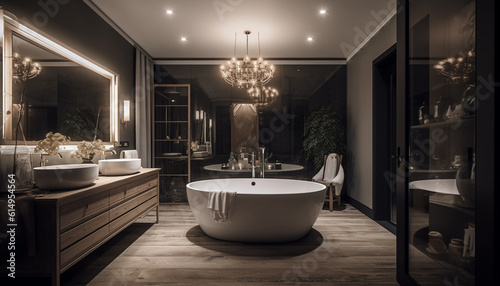 Modern luxury bathroom with elegant design  wide illuminated space  and beauty generated by AI