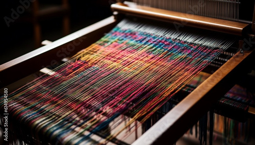 Woven textile industry creates multi colored patterns using old fashioned machinery generated by AI
