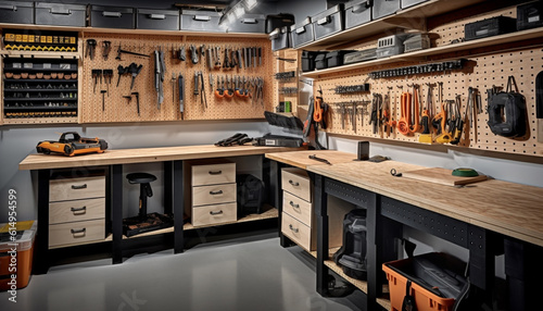A carpenter modern workshop tools, equipment, and materials galore generated by AI