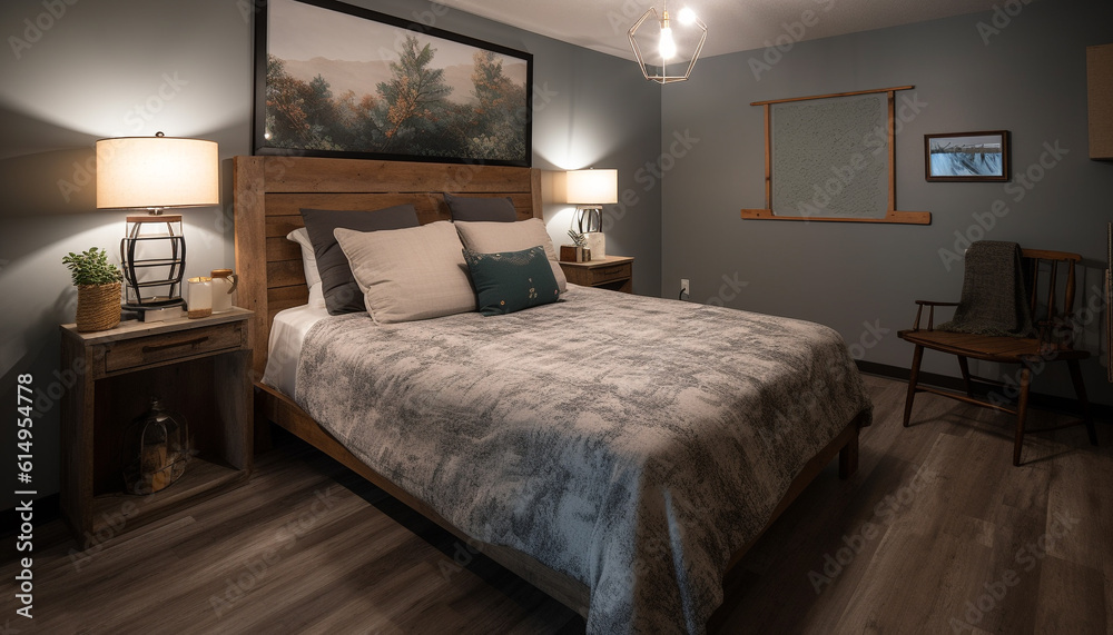 Modern luxury bedroom with comfortable bedding and elegant decor inside generated by AI Modern luxury bedroom with comfortable bedding and elegant decor inside generated by AI