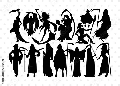 Grim Reaper Silhouette, Grim Reaper Girl SVG, Death Svg, Halloween Svg, Grim Reaper Girl Bundle, SB00366