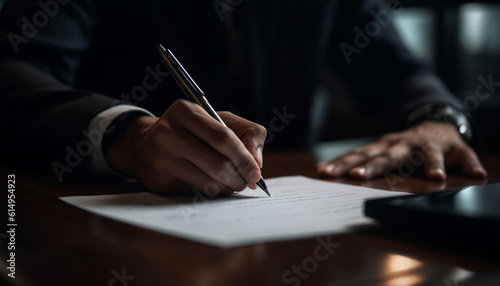 Successful businessman signing important contract at his office desk generated by AI