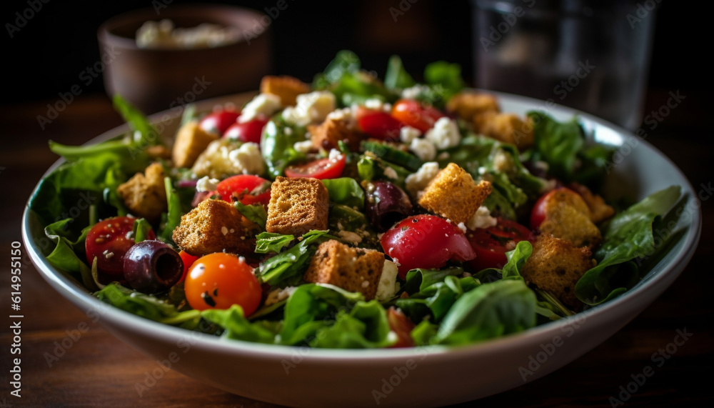 Fresh gourmet Caesar salad with grilled meat and organic vegetables generated by AI Fresh gourmet Caesar salad with grilled meat and organic vegetables generated by AI