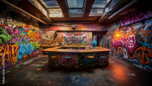 Abandoned nightclub showcases modern graffiti design on multi colored walls generated by AI