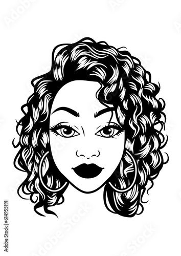 Afro Woman Curly Hairstyle big Earrings Pretty Black Girl line art vector 