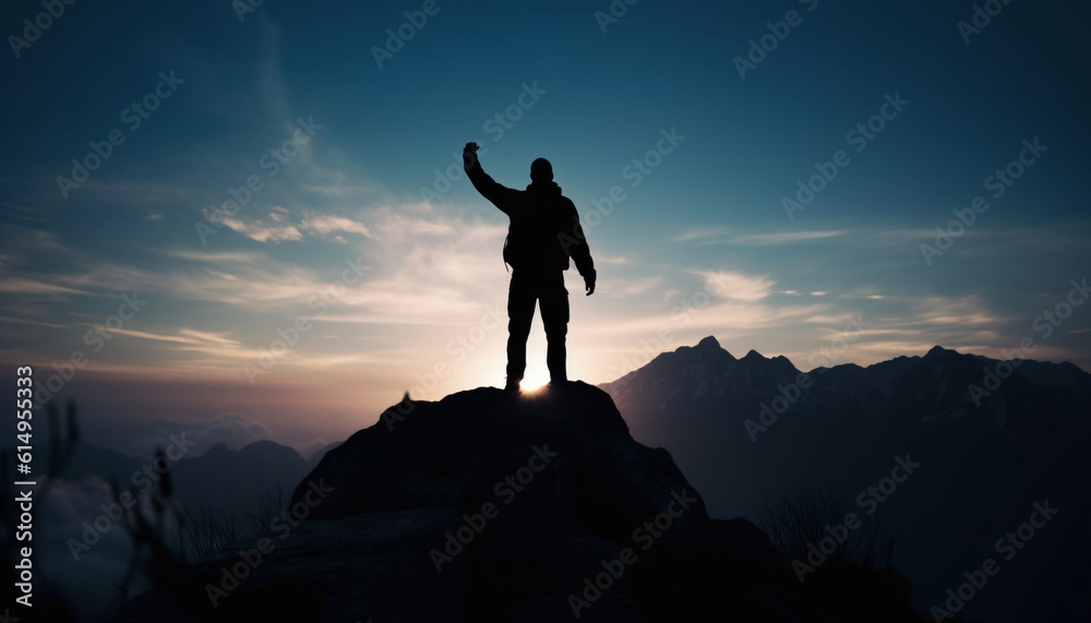 Standing on mountain peak, arms raised in success and freedom generated by AI