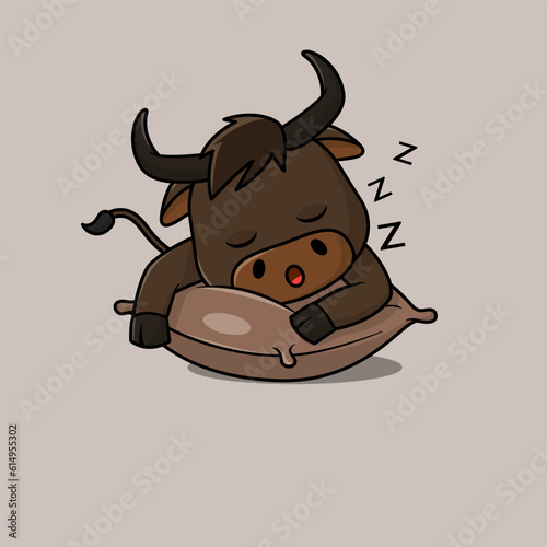 Cute baby bull cartoon sleeping on pillow flat vector icon illustration. 