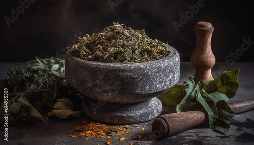 Fresh organic herbs and spices in rustic wooden mortar bowl generated by AI