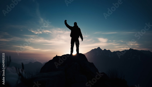 Standing on mountain peak  arms raised in success and freedom generated by AI