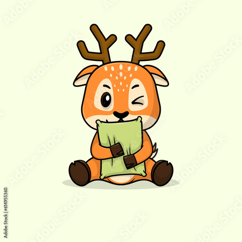Cute baby deer cartoon sleeping on pillow flat vector icon illustration. 
