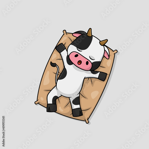 Cute baby cow cartoon sleeping on pillow flat vector icon illustration. 