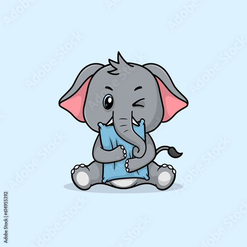 Cute baby elephant cartoon sleeping on pillow flat vector icon illustration. 