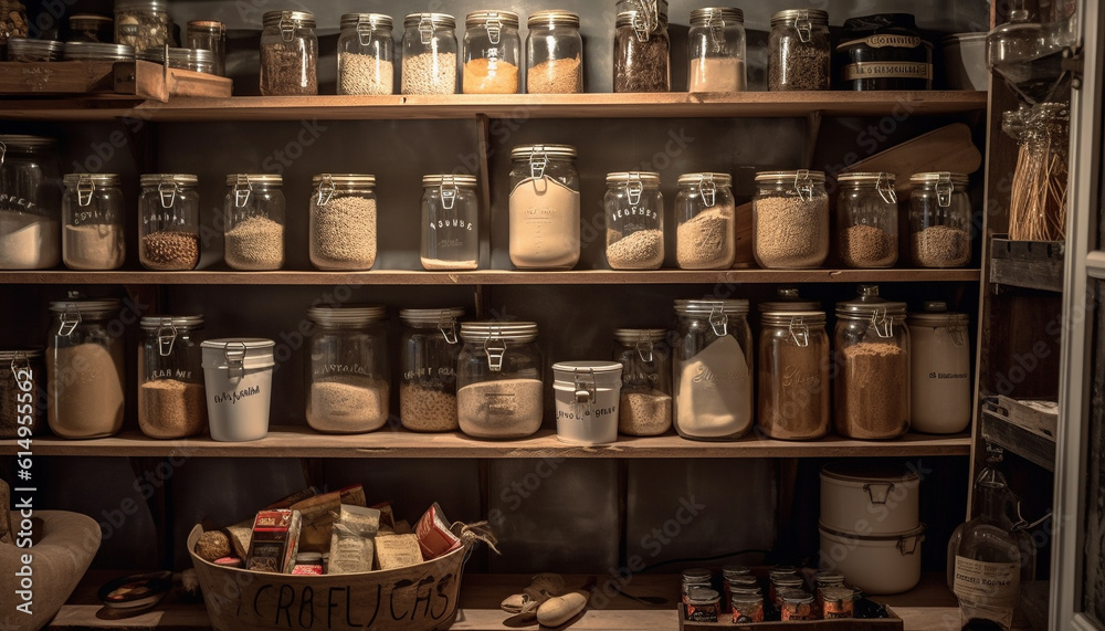 A large collection of old fashioned bottles and jars on shelves generated by AI