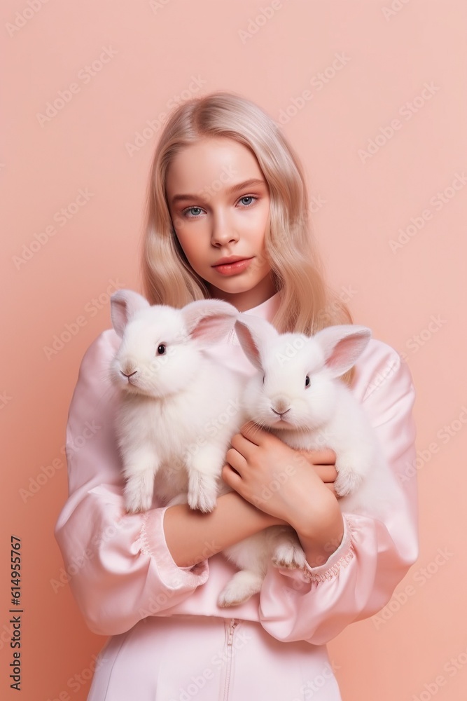 Furry friends: a delightful woman holds two rabbits against a white wall in her indoor oasis, embraced by their soft warmth and whiskered cuteness Furry friends: a delightful woman holds two rabbits against a white wall in her indoor oasis, embraced by their soft warmth and whiskered cuteness