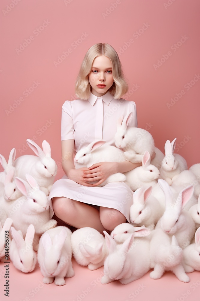 Rabbit queen: a joyful woman posing with her newborn bunny subjects, cozy indoors against a wall of warmth and snuggles Rabbit queen: a joyful woman posing with her newborn bunny subjects, cozy indoors against a wall of warmth and snuggles