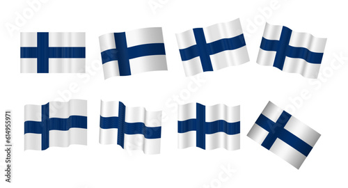 set of Finland waving flagged patriotic emblems isolated on white background 3d vector illustration. 8 variations wavy realistic flag as a symbol of patriotism. European Union countries flag