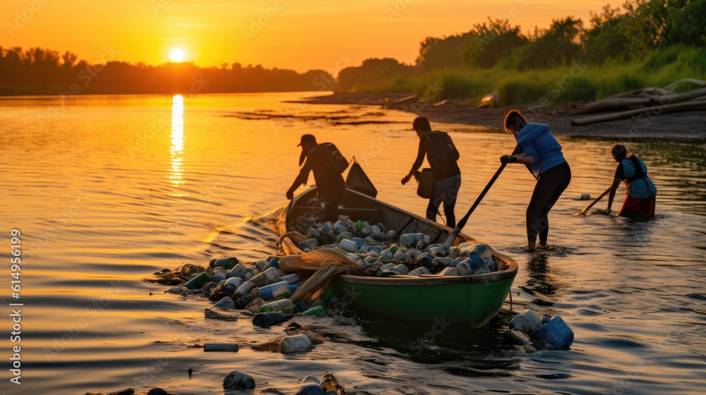 A Sunset Pledge: Volunteers Taking Action against Plastic Bottle Litter by the River