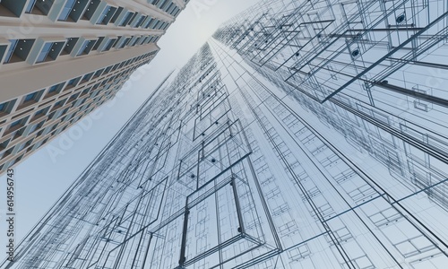 Modern hotel building facade with wireframe 3d render architecture abstract wallpaper backgrounds
