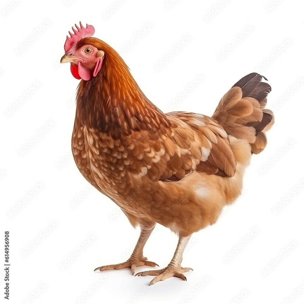 Full body of brown chicken hen standing isolated on white, Generative AI