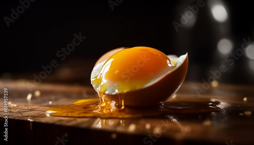 Fresh organic egg yolk on dark wood table, perfect protein ingredient generated by AI photo