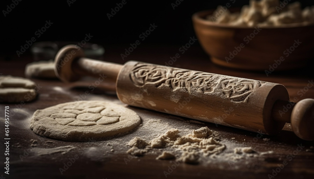 Homemade shortbread cookie dough on rustic wooden table, gourmet snack generated by AI