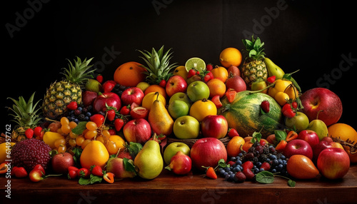 A vibrant collection of ripe, multi colored fruit for healthy eating generated by AI