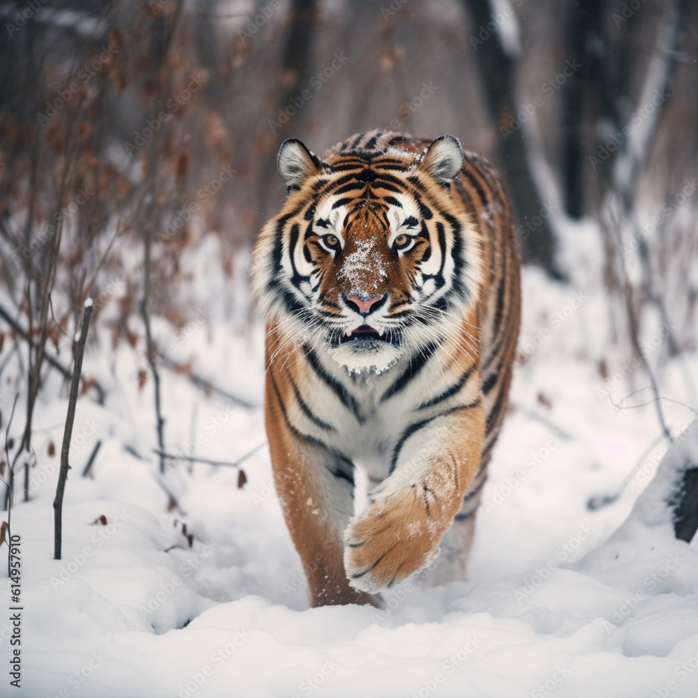 Obraz premium Tiger in wild winter nature. Amur tiger running in the snow