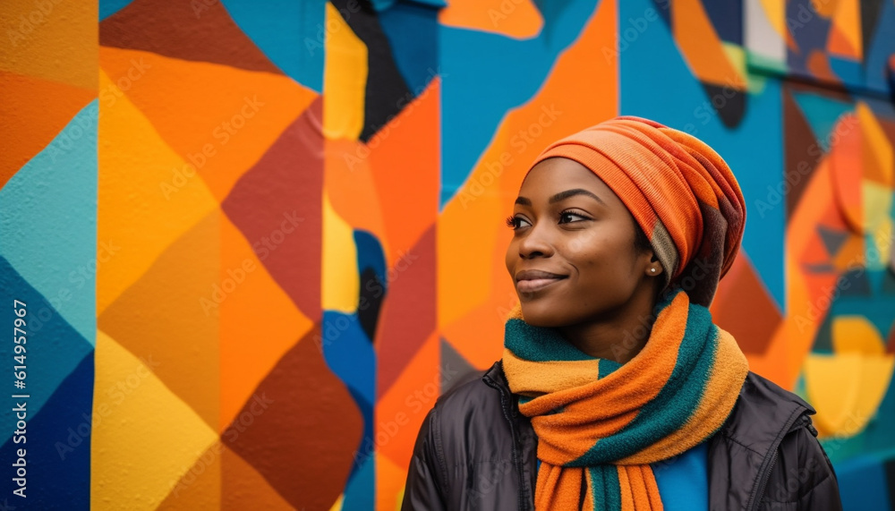 One young African woman smiling in warm winter clothing outdoors generated by AI