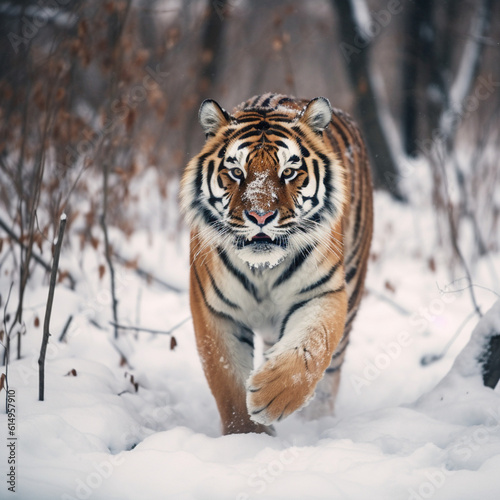 Tiger in wild winter nature. Amur tiger running in the snow
