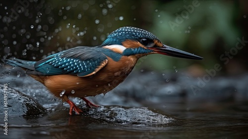 River kingfisher bird is hunting over river with blur background