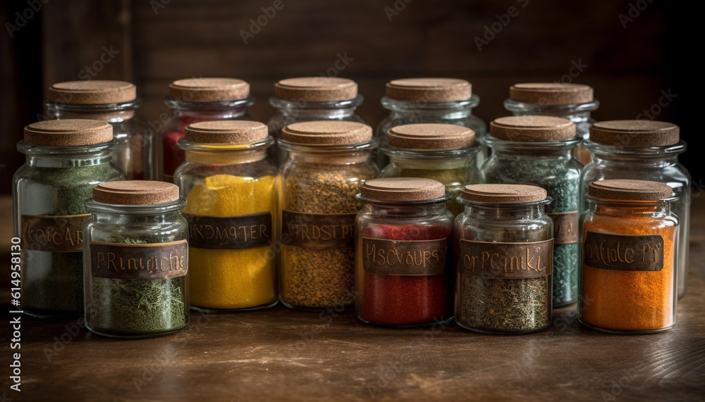 A collection of multi colored spice bottles on a wooden table generated by AI