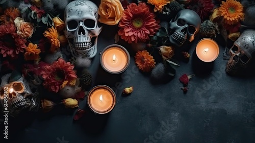 Day of the Dead concept design with candles and flowers on black background