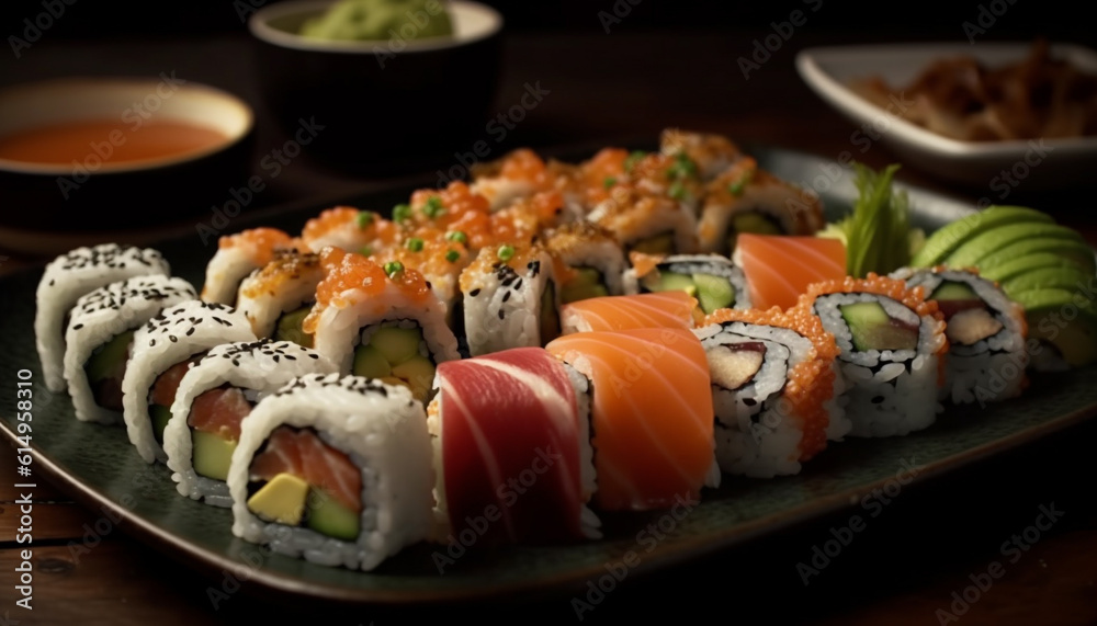 Healthy lunch of fresh seafood and sushi rolls on plate generated by AI Healthy lunch of fresh seafood and sushi rolls on plate generated by AI