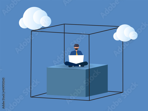 Businessman or office worker, working with laptop computer, sitting inside the box, presenting to introvert woman. vector illustration.