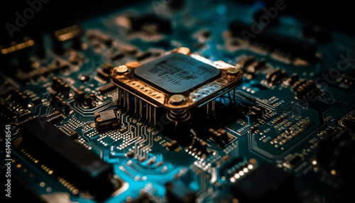 Silicone based semiconductor powers complex computer circuit board for global communication generated by AI © Stockgiu