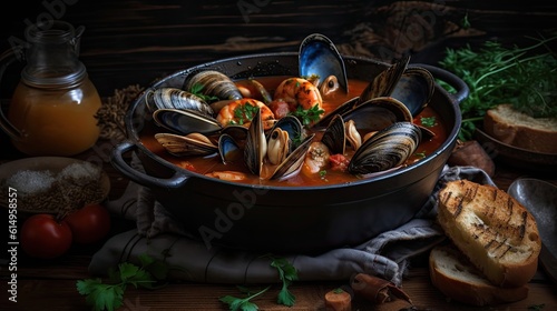 Cioppino soup with clam meat on a black plate and blur background