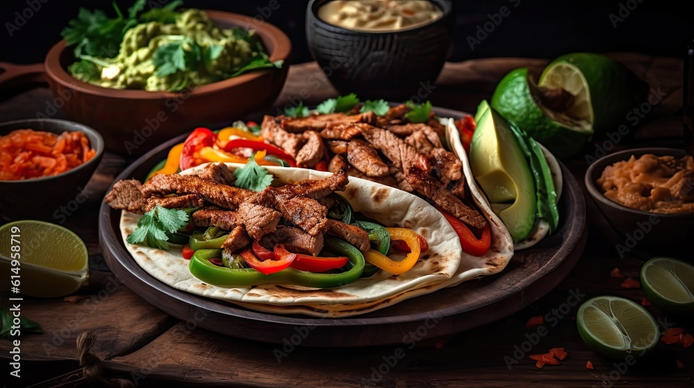 Fujitas with meat and pieces of red and green peppers on a wooden plate with blurred background