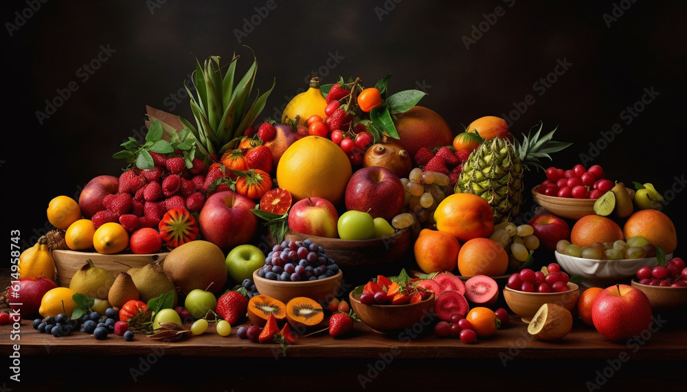 A colorful still life of fresh fruit and healthy eating generated by AI A colorful still life of fresh fruit and healthy eating generated by AI