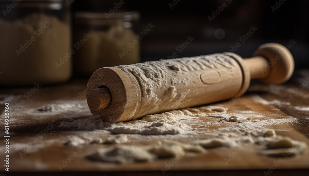 Rustic rolling pin rolls fresh flour for homemade bread dough generated by AI