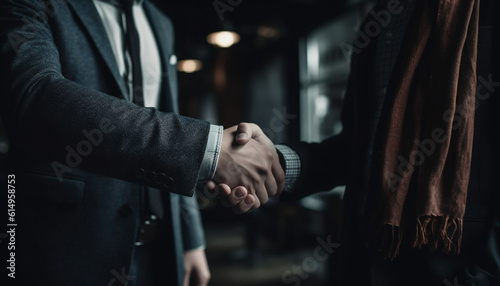 Successful businessmen seal agreement with a confident handshake outdoors generated by AI © Stockgiu