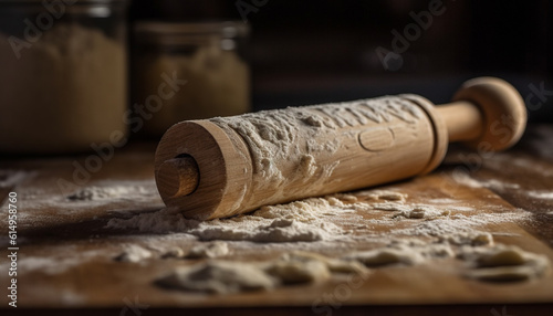 Rustic rolling pin rolls fresh flour for homemade bread dough generated by AI