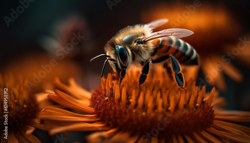 A busy honey bee pollinates a yellow flower in nature generated by AI