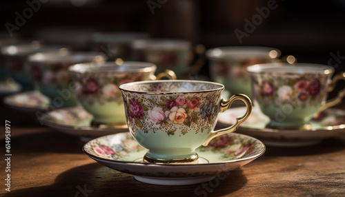An ornate tea set on a rustic wooden table generated by AI