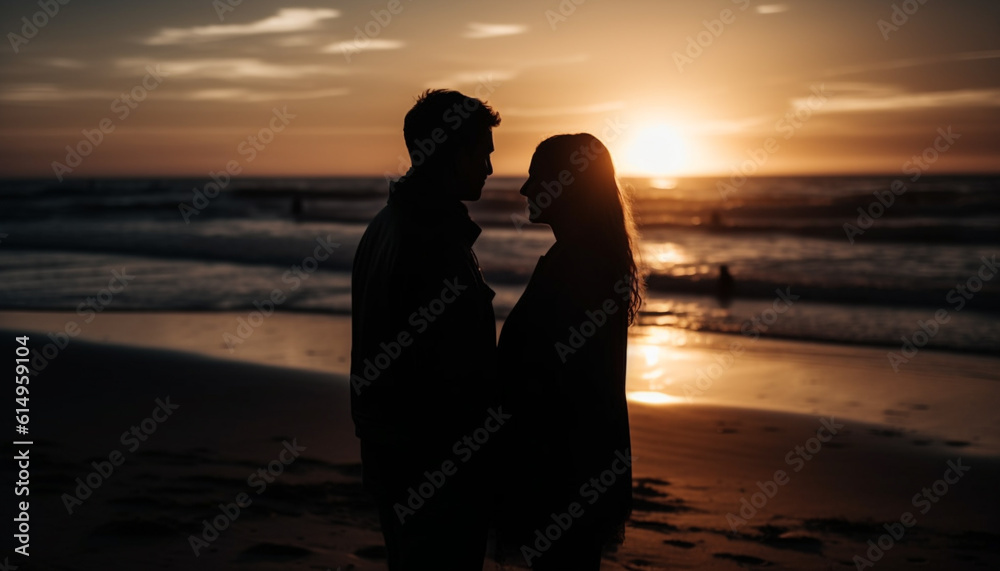 Fototapeta premium A romantic sunset embrace between a happy young couple outdoors generated by AI
