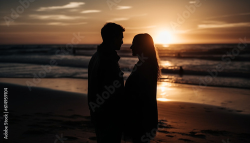 A romantic sunset embrace between a happy young couple outdoors generated by AI
