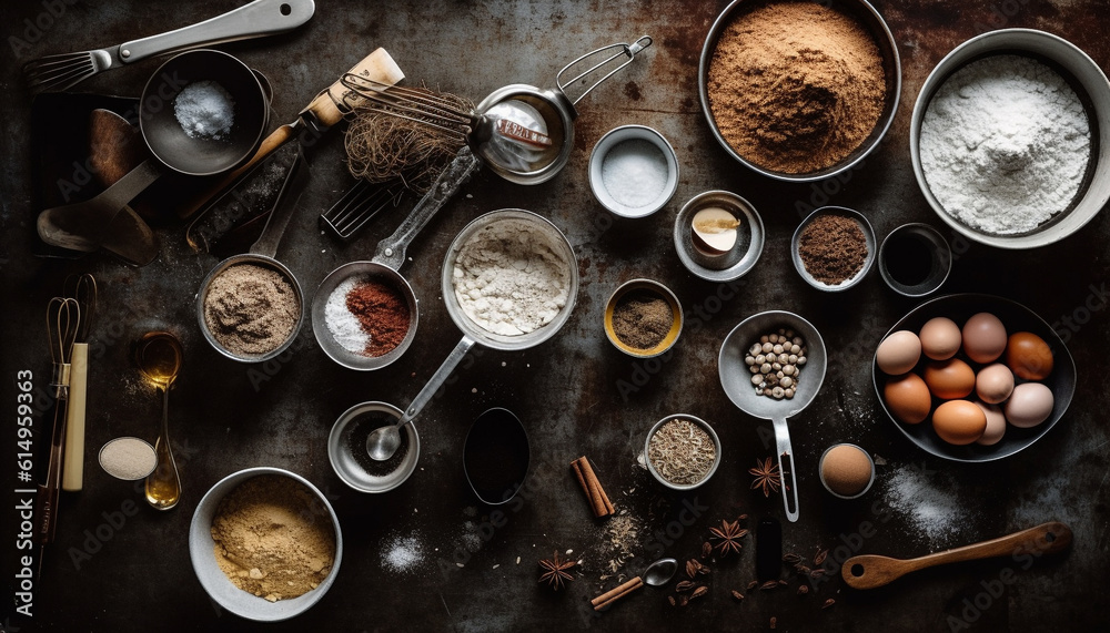 A rustic kitchen utensil set prepares homemade chocolate dessert recipe generated by AI A rustic kitchen utensil set prepares homemade chocolate dessert recipe generated by AI