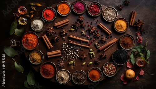 A gourmet spice collection anise  clove  turmeric  and allspice generated by AI