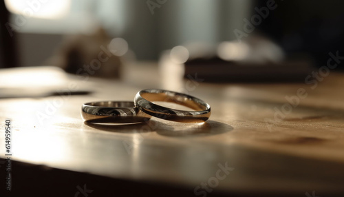 Shiny wedding ring on elegant wood table symbolizes everlasting love generated by AI